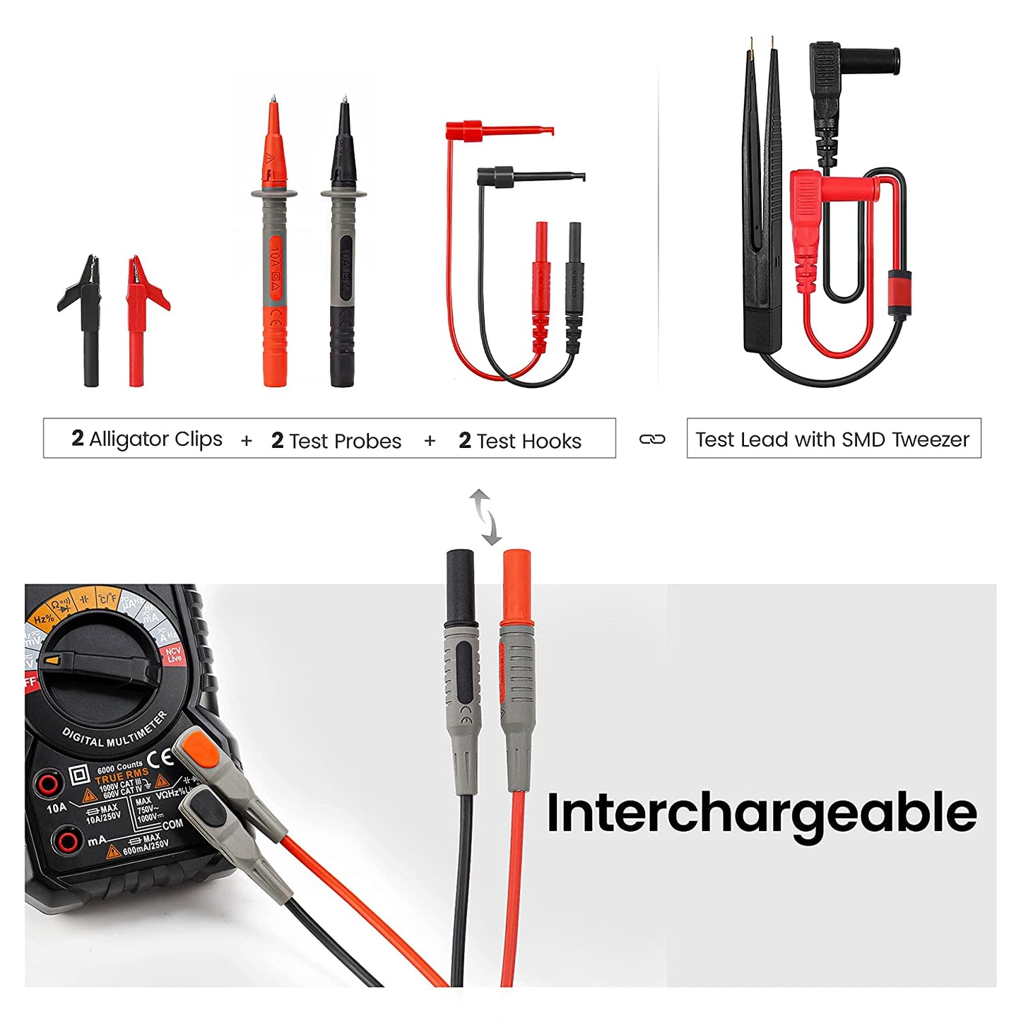 KAIWEETS Soft Silicone Electrician Test Leads Kit CAT III 1000V  CAT IV 600V with Alligator Clips and Needle Probe for FlukeAstroAIINNOVA Multimeter Electronic Clamp Meter 9PCS-copy