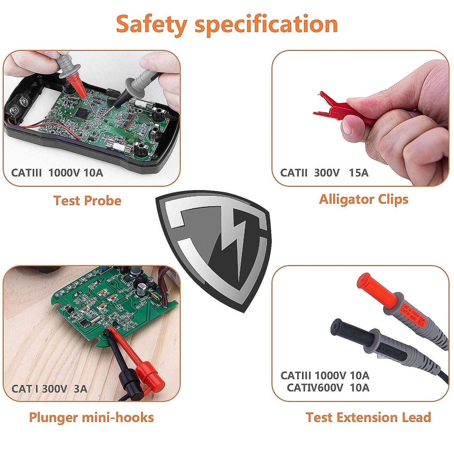 KAIWEETS Soft Silicone Electrician Test Leads Kit CAT III 1000V  CAT IV 600V with Alligator Clips and Needle Probe for FlukeAstroAIINNOVA Multimeter Electronic Clamp Meter 9PCS-copy