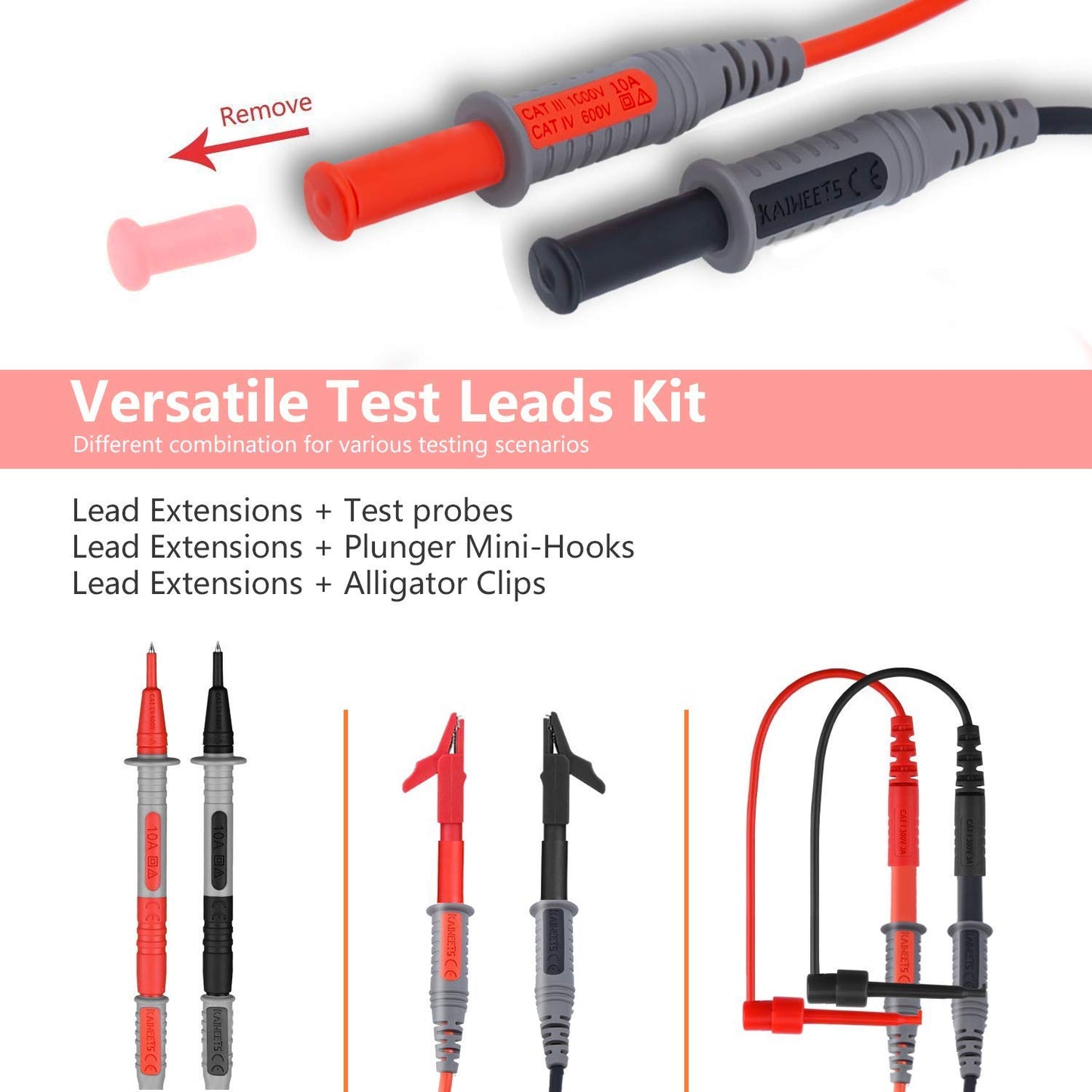 KAIWEETS Soft Silicone Electrician Test Leads Kit CAT III 1000V  CAT IV 600V with Alligator Clips and Needle Probe for FlukeAstroAIINNOVA Multimeter Electronic Clamp Meter 9PCS-copy