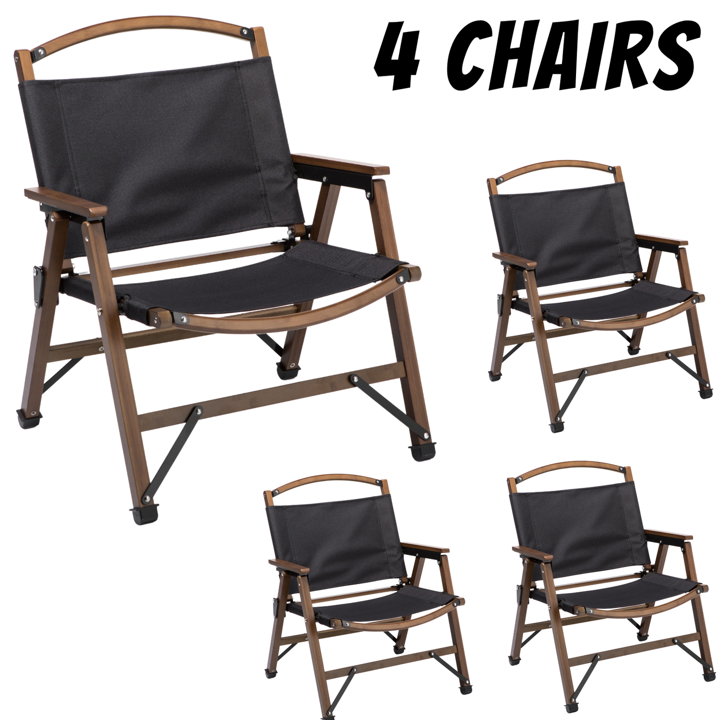 4x Bamboo Canvas Foldable Outdoor Camping Chair Wooden Travel Picnic Park - Black