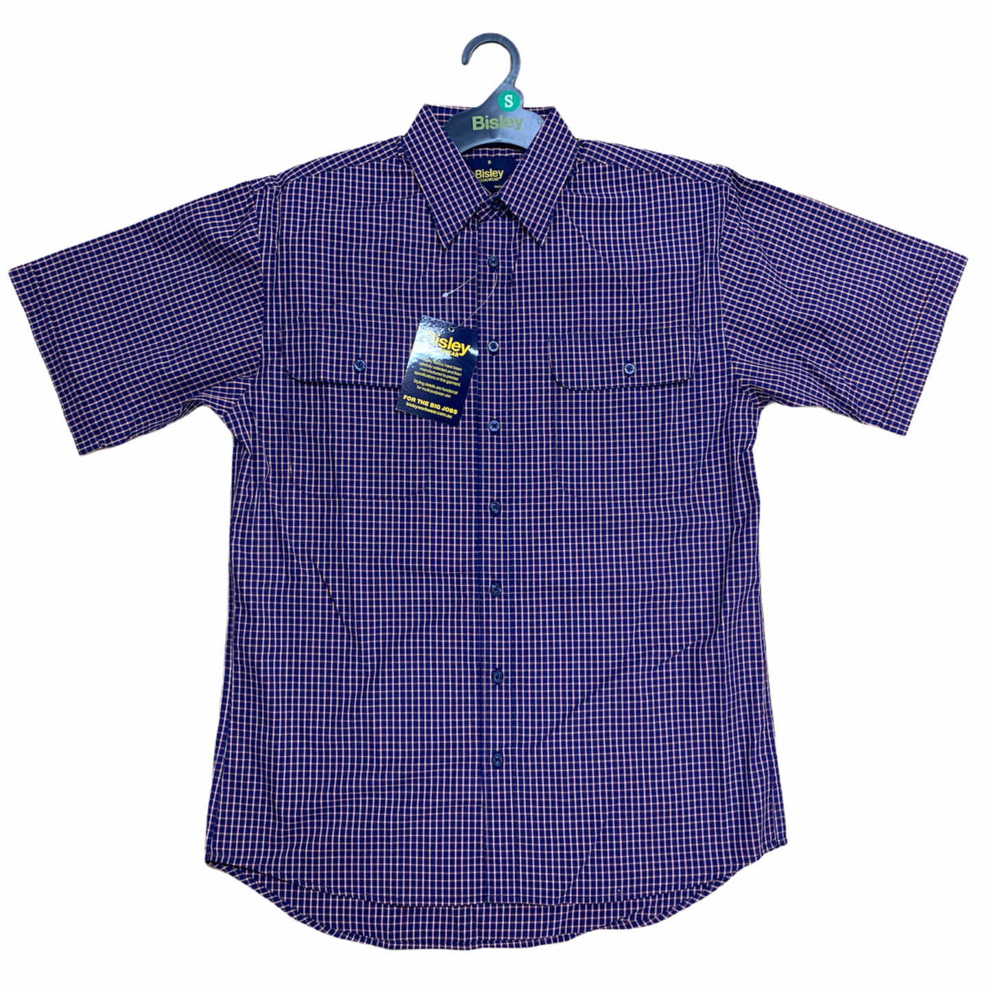 Bisley Mens Short Sleeve Check Shirt Checkered Cotton Blend Casual Business Work - Navy - XL