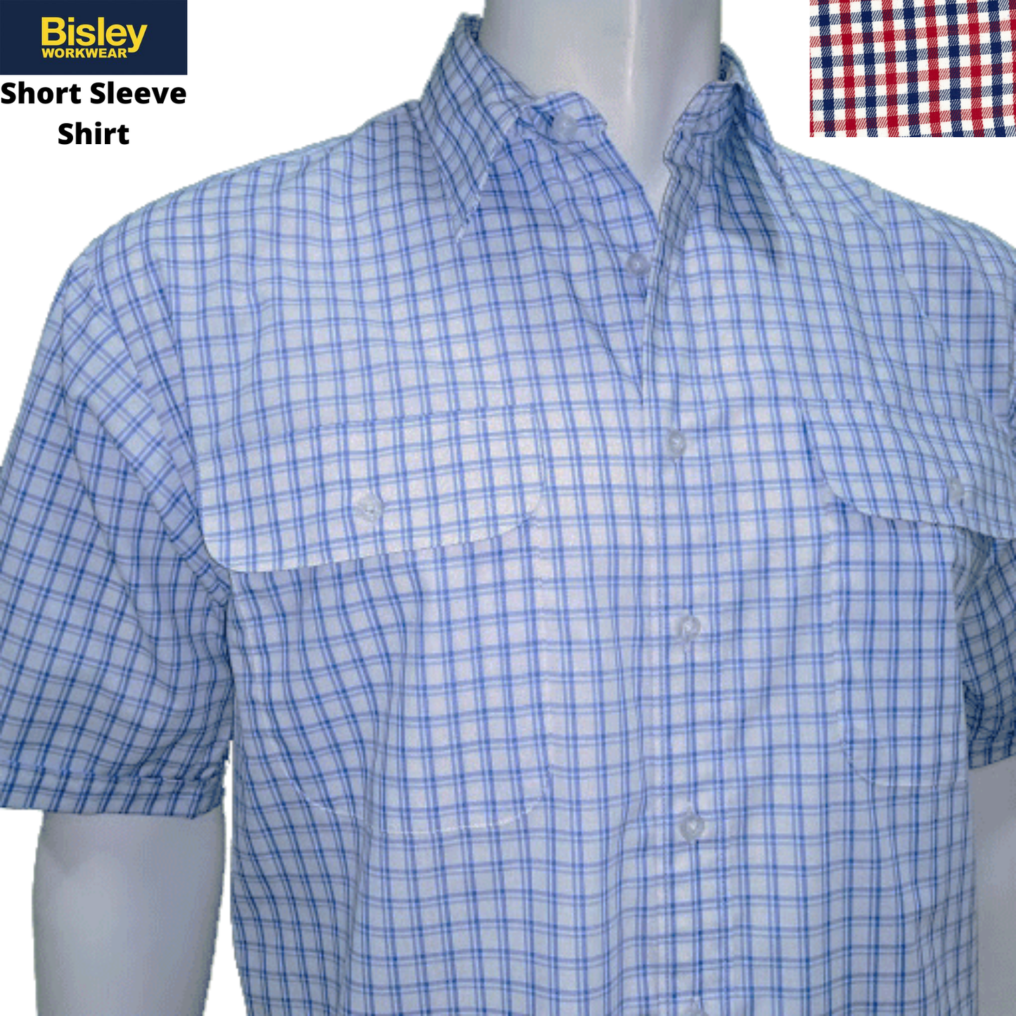 Bisley Mens Short Sleeve Check Shirt Checkered 100% Cotton Casual Business Work - Red - XXL