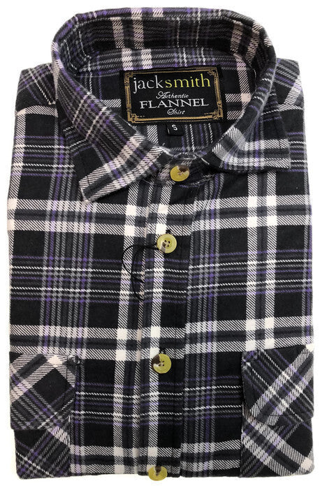 Mens Half Placket Flannelette Long Sleeve Pullover Shirt 100% Cotton Check Authentic Flannel  - Black/Purple - 4XL