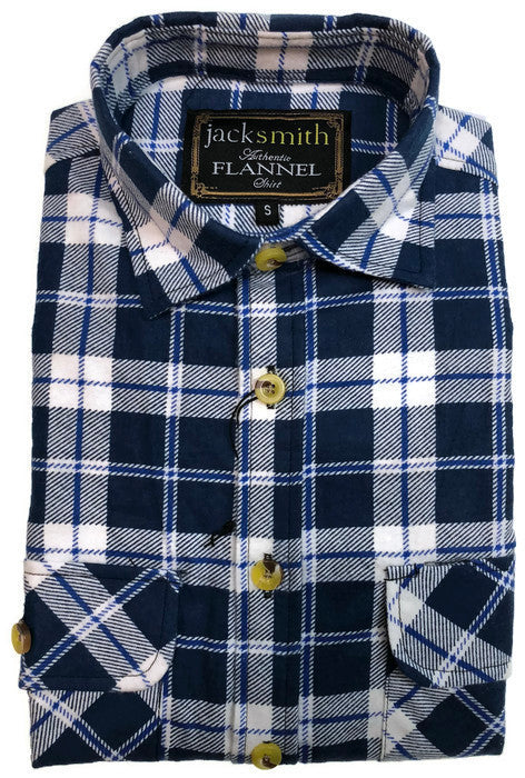 Mens Half Placket Flannelette Long Sleeve Pullover Shirt 100% Cotton Check Authentic Flannel  - White/Blue Denim - L