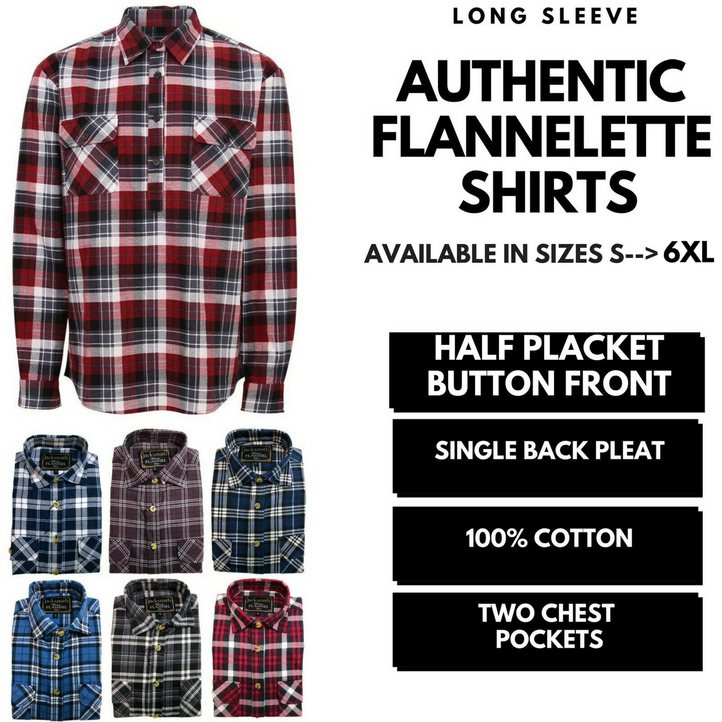 Mens Half Placket Flannelette Long Sleeve Pullover Shirt 100% Cotton Check Authentic Flannel  - White/Blue Denim - L