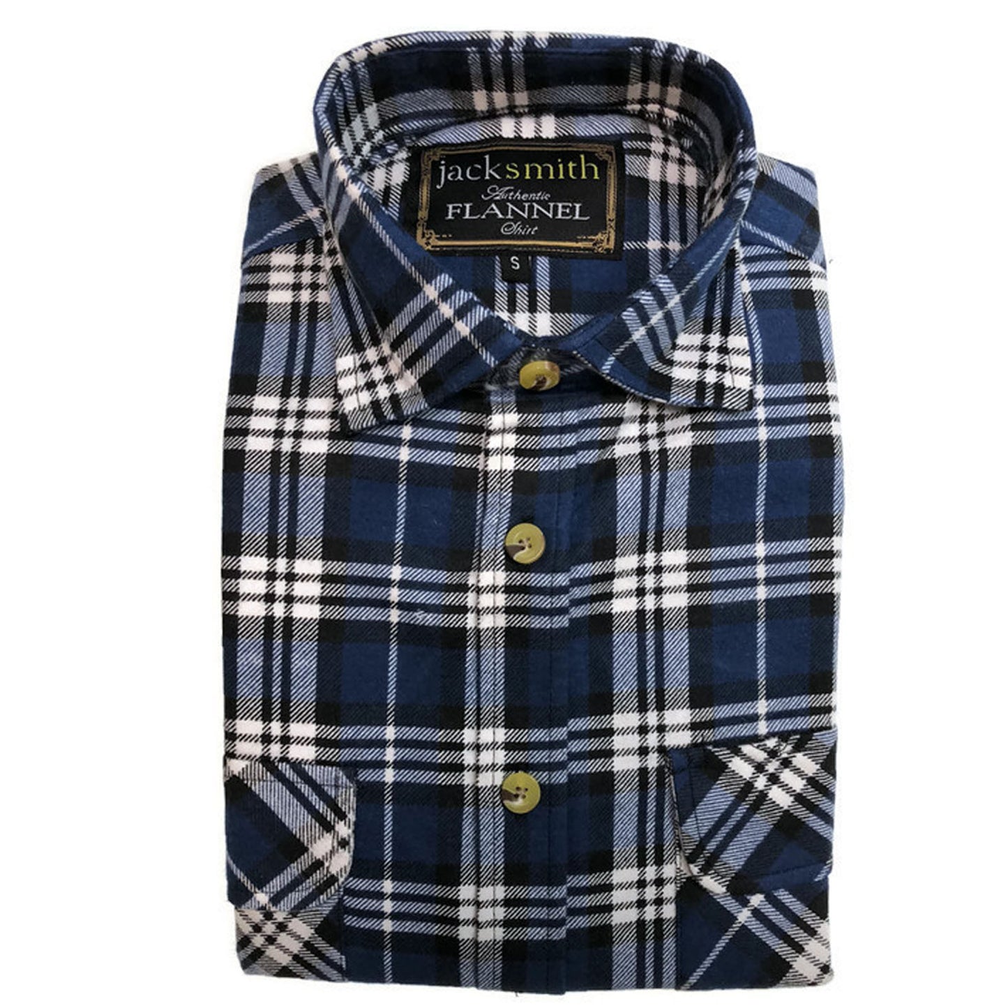 Mens Half Placket Flannelette Long Sleeve Pullover Shirt 100% Cotton Check Authentic Flannel  - White/Blue Denim - L