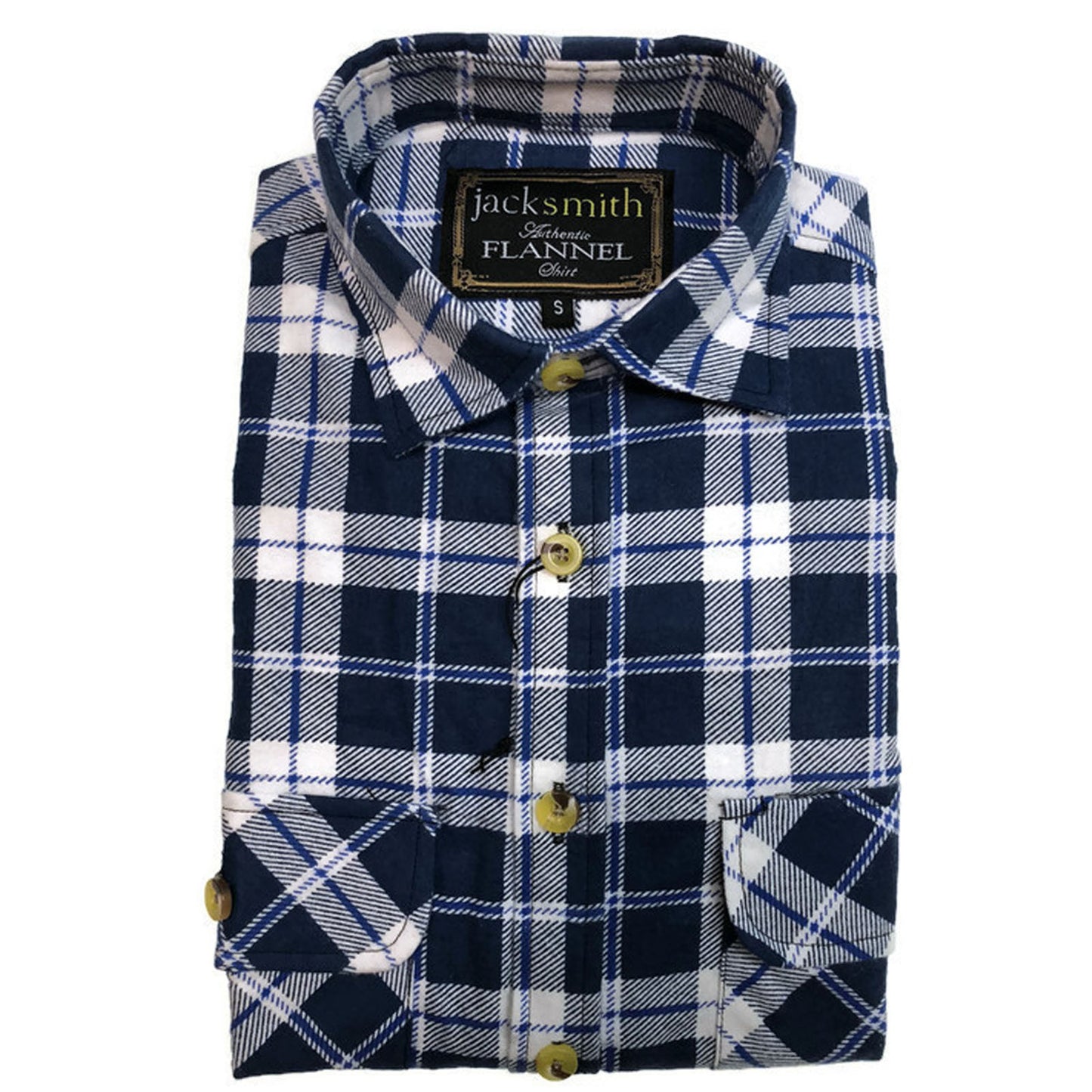 Mens Half Placket Flannelette Long Sleeve Pullover Shirt 100% Cotton Check Authentic Flannel  - White/Blue Denim - L