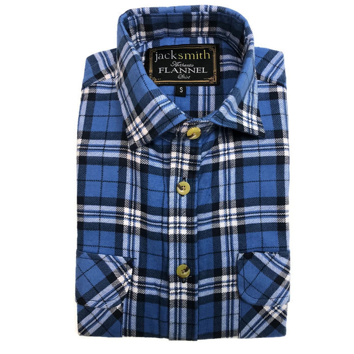 Mens Half Placket Flannelette Long Sleeve Pullover Shirt 100% Cotton Check Authentic Flannel  - White/Blue Denim - M