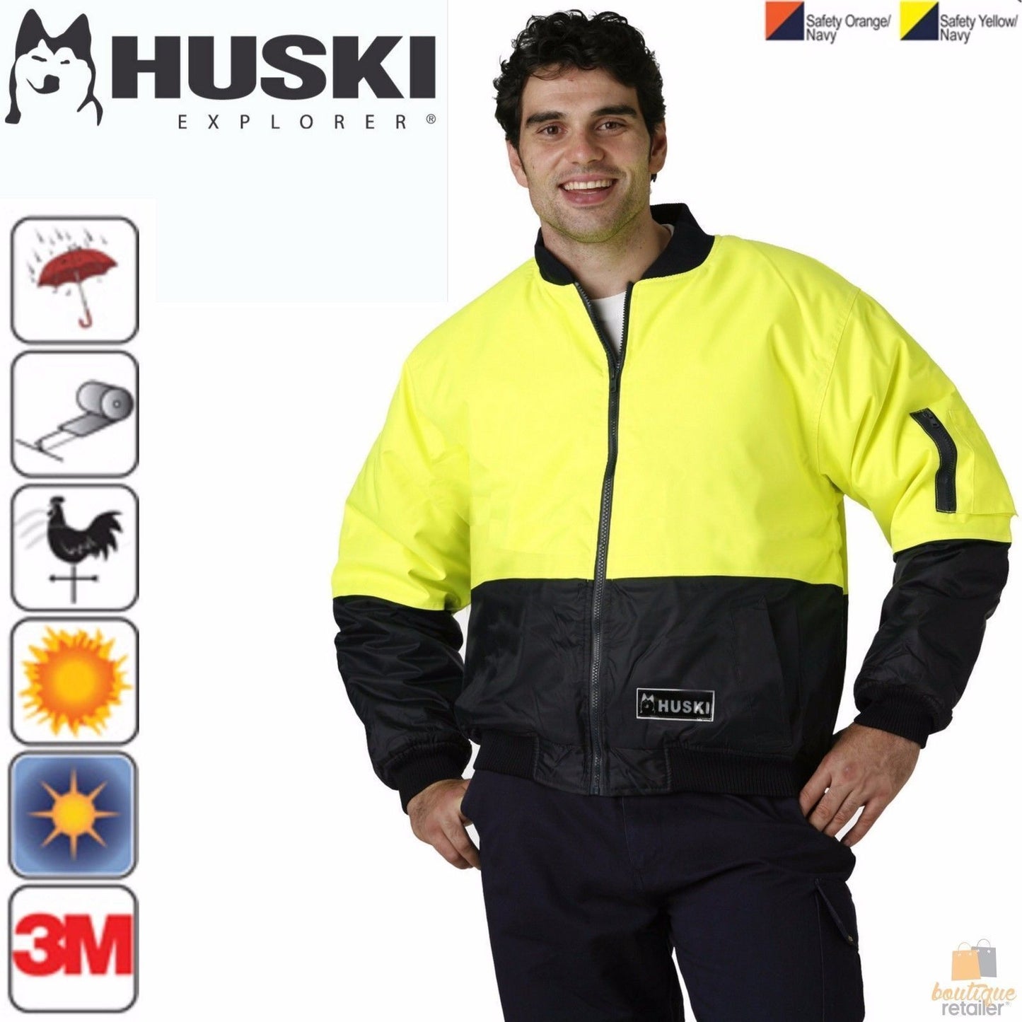 HUSKI 3M Flyer Fully Waterproof Bomber Jacket Hi Vis Work Quilted Lining - Orange - 4XL (122)
