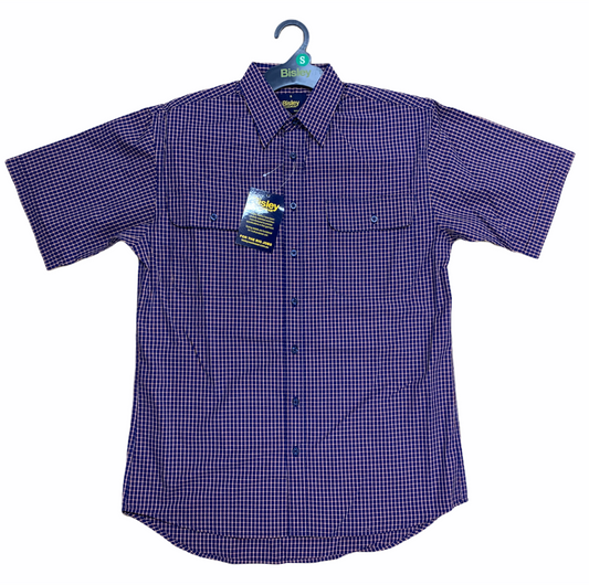 Bisley Mens Short Sleeve Check Shirt Checkered Cotton Blend Casual Business Work - Navy - L