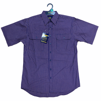Bisley Mens Short Sleeve Check Shirt Checkered Cotton Blend Casual Business Work - Navy - L