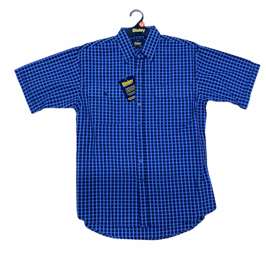 Bisley Mens Short Sleeve Seersucker Shirt Checkered Cotton Blend Casual Business Work - Blue - XL