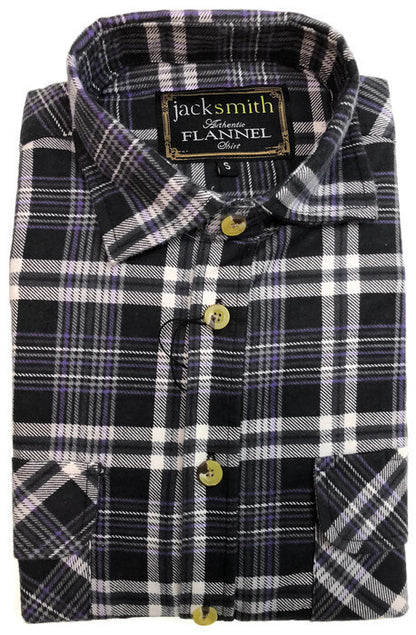 Mens Half Placket Flannelette Long Sleeve Pullover Shirt 100% Cotton Check Authentic Flannel  - Black/Purple - 4XL