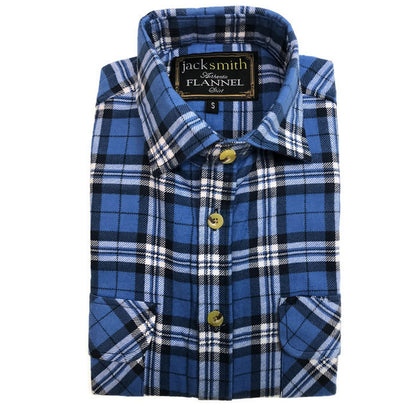 Mens Half Placket Flannelette Long Sleeve Pullover Shirt 100% Cotton Check Authentic Flannel  - White/Blue Denim - M