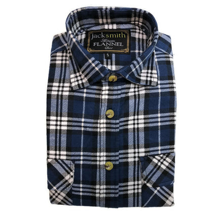 Mens Half Placket Flannelette Long Sleeve Pullover Shirt 100% Cotton Check Authentic Flannel  - White/Blue Denim - XXL