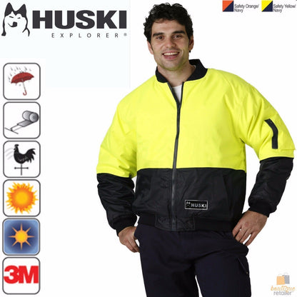 HUSKI 3M Flyer Fully Waterproof Bomber Jacket Hi Vis Work Quilted Lining - Orange - 4XL (122)